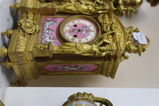 A late 19th century French ormolu and Sevres style porcelain mantel clock, width 8.5in. depth 6in. height 14.25in.